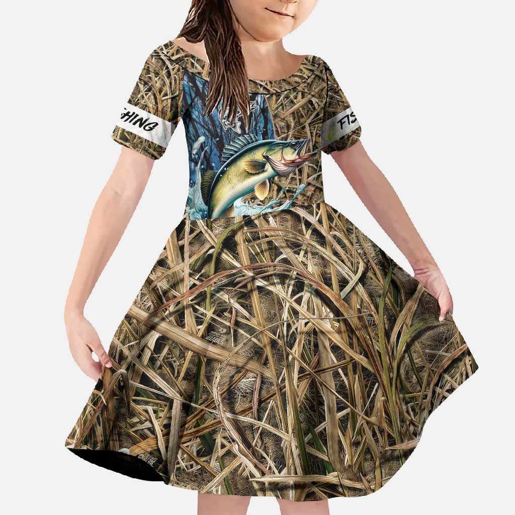 Personalized Walleye Splash Family Matching Off Shoulder Maxi Dress and Hawaiian Shirt Camo Reeds and Night Forest Fishing Theme - Wonder Print Shop