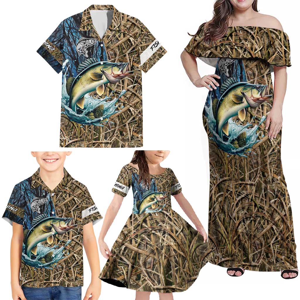 Personalized Walleye Splash Family Matching Off Shoulder Maxi Dress and Hawaiian Shirt Camo Reeds and Night Forest Fishing Theme - Wonder Print Shop
