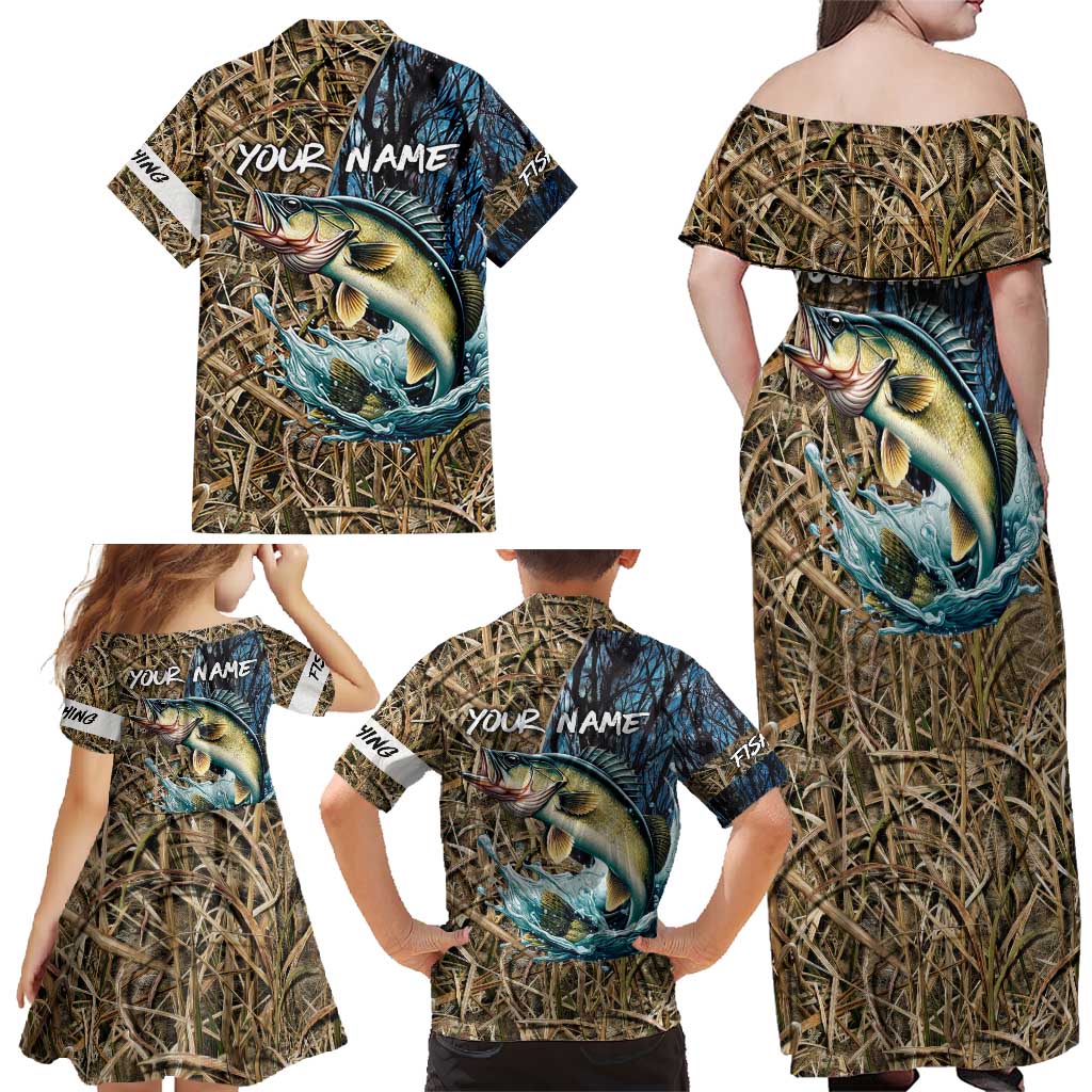 Personalized Walleye Splash Family Matching Off Shoulder Maxi Dress and Hawaiian Shirt Camo Reeds and Night Forest Fishing Theme - Wonder Print Shop