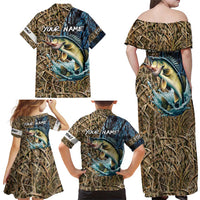 Personalized Walleye Splash Family Matching Off Shoulder Maxi Dress and Hawaiian Shirt Camo Reeds and Night Forest Fishing Theme - Wonder Print Shop