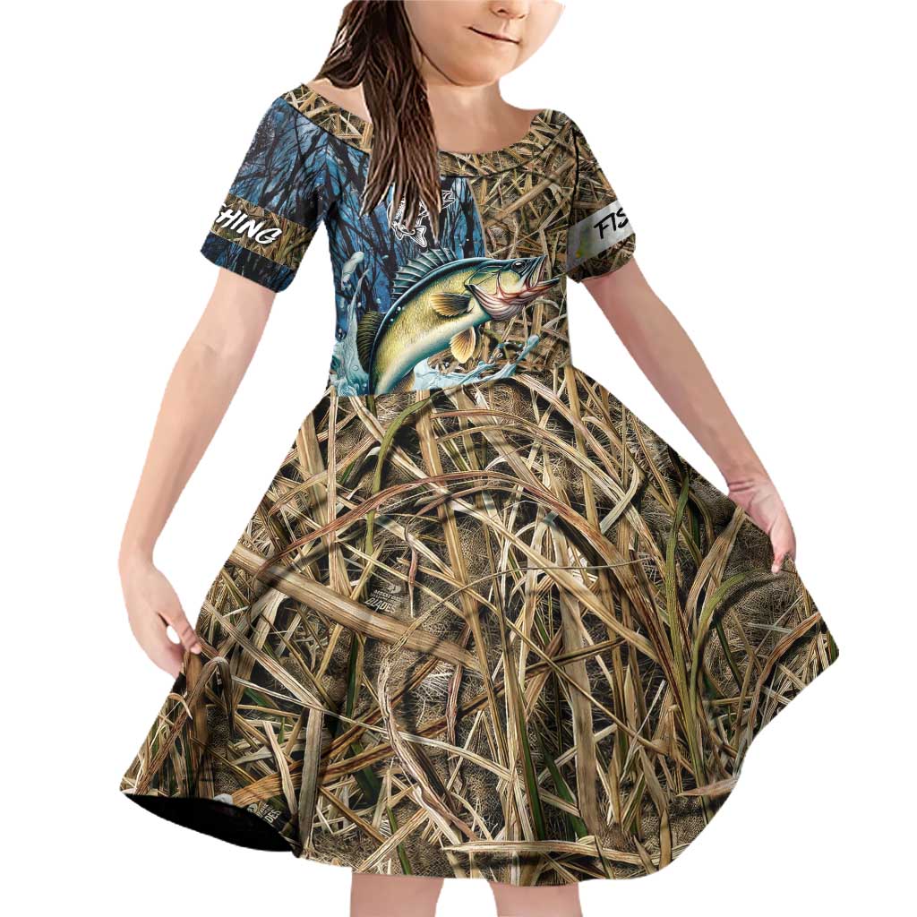 Personalized Walleye Splash Family Matching Off Shoulder Short Dress and Hawaiian Shirt Camo Reeds and Night Forest Fishing Theme - Wonder Print Shop