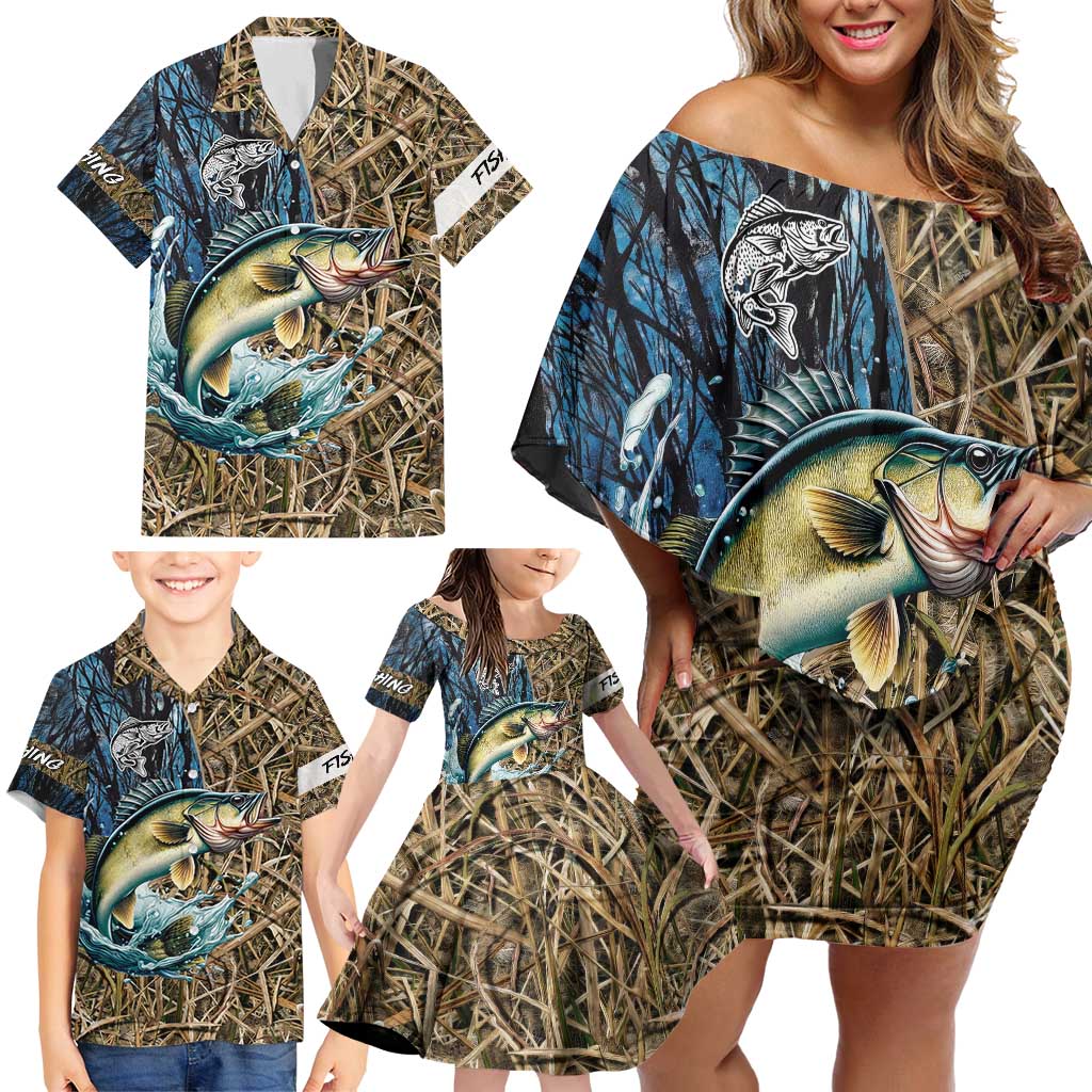 Personalized Walleye Splash Family Matching Off Shoulder Short Dress and Hawaiian Shirt Camo Reeds and Night Forest Fishing Theme - Wonder Print Shop