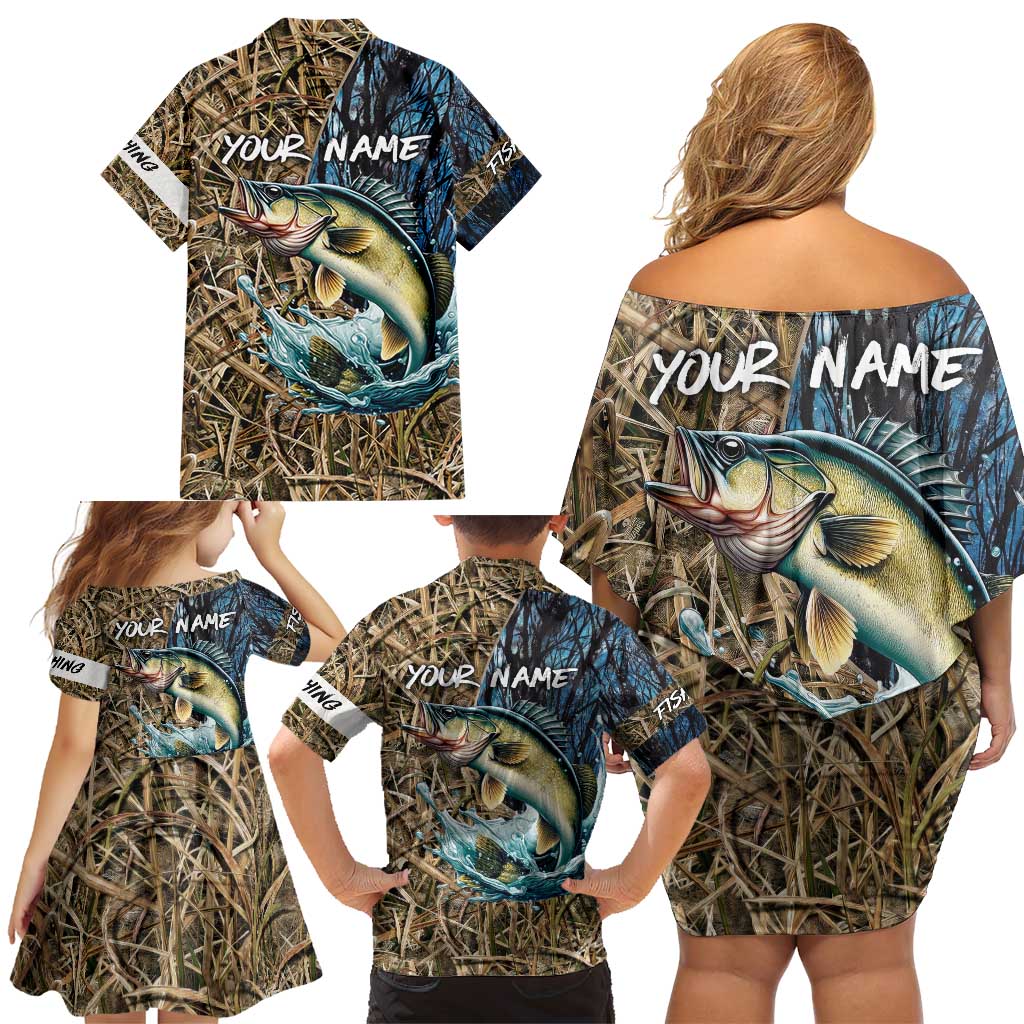 Personalized Walleye Splash Family Matching Off Shoulder Short Dress and Hawaiian Shirt Camo Reeds and Night Forest Fishing Theme - Wonder Print Shop