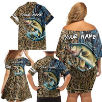 Personalized Walleye Splash Family Matching Off Shoulder Short Dress and Hawaiian Shirt Camo Reeds and Night Forest Fishing Theme - Wonder Print Shop