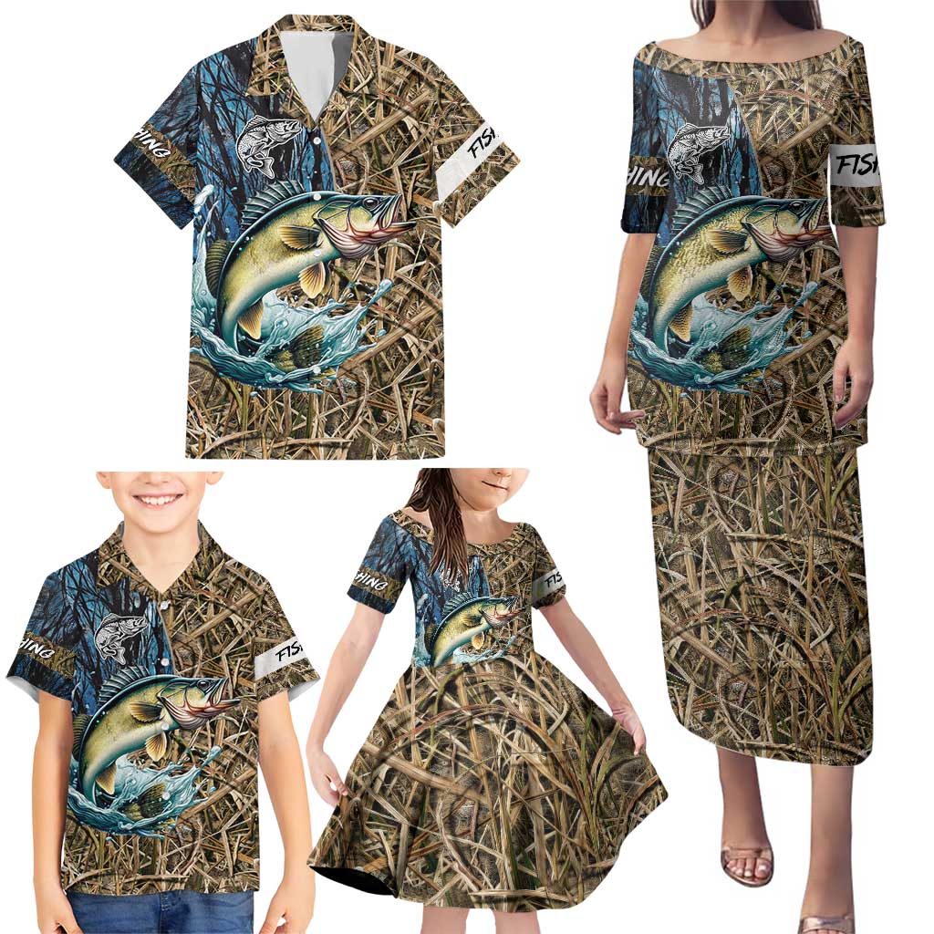 Personalized Walleye Splash Family Matching Puletasi and Hawaiian Shirt Camo Reeds and Night Forest Fishing Theme - Wonder Print Shop