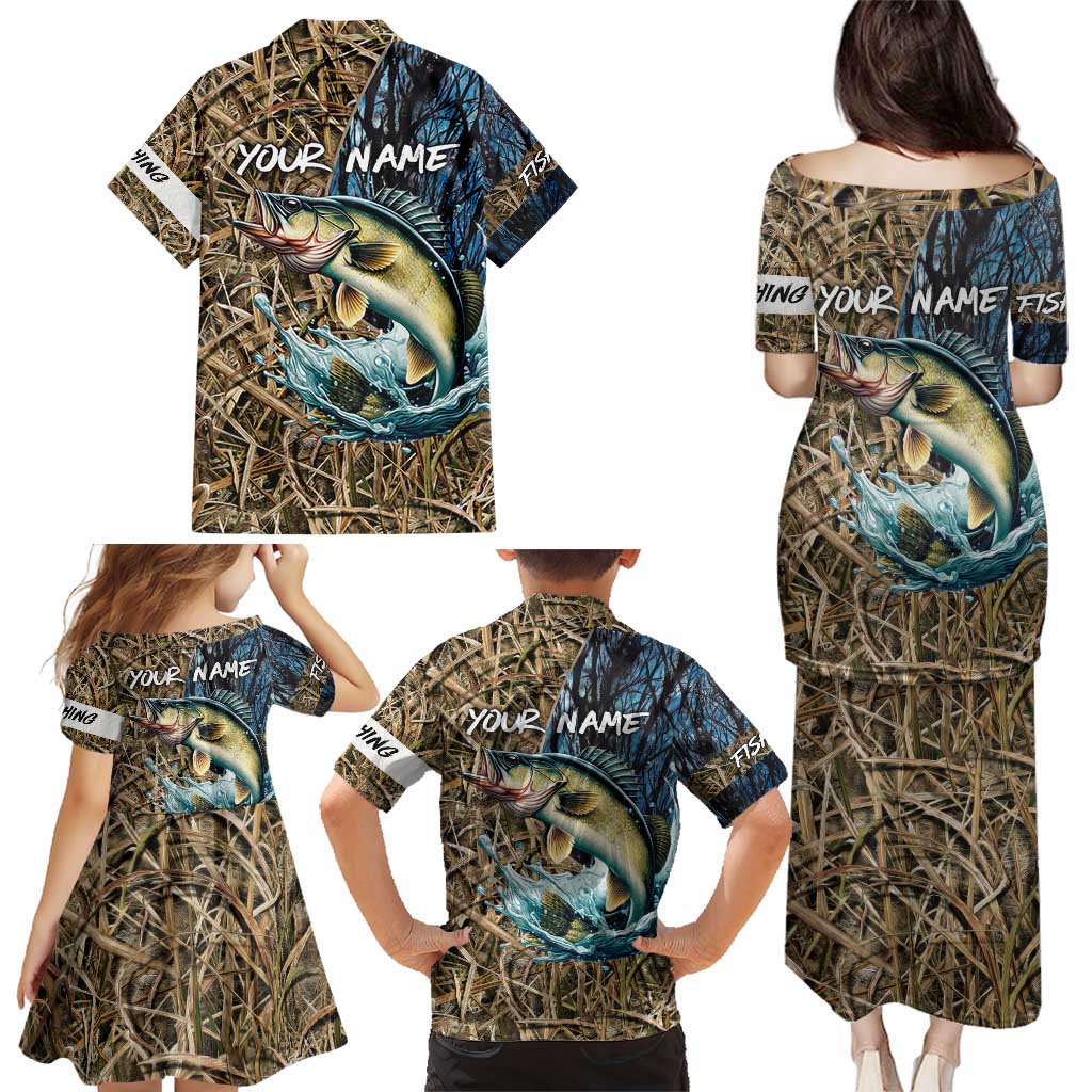 Personalized Walleye Splash Family Matching Puletasi and Hawaiian Shirt Camo Reeds and Night Forest Fishing Theme - Wonder Print Shop