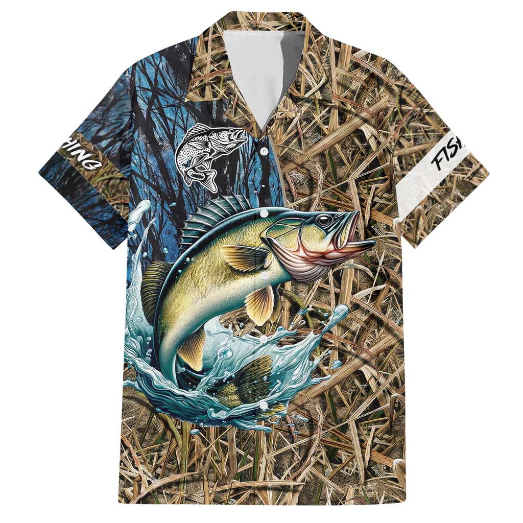 Personalized Walleye Splash Family Matching Puletasi and Hawaiian Shirt Camo Reeds and Night Forest Fishing Theme - Wonder Print Shop