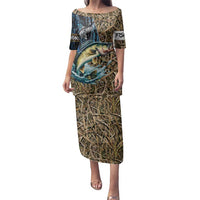 Personalized Walleye Splash Family Matching Puletasi and Hawaiian Shirt Camo Reeds and Night Forest Fishing Theme - Wonder Print Shop