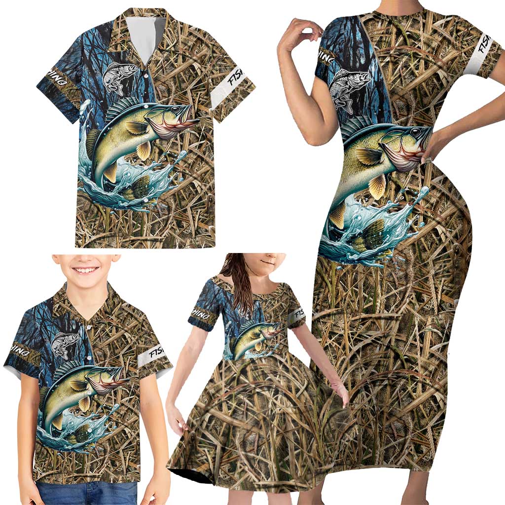Personalized Walleye Splash Family Matching Short Sleeve Bodycon Dress and Hawaiian Shirt Camo Reeds and Night Forest Fishing Theme - Wonder Print Shop