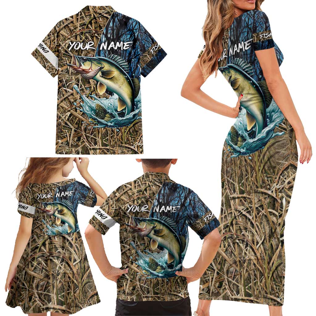 Personalized Walleye Splash Family Matching Short Sleeve Bodycon Dress and Hawaiian Shirt Camo Reeds and Night Forest Fishing Theme - Wonder Print Shop