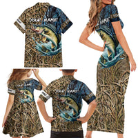 Personalized Walleye Splash Family Matching Short Sleeve Bodycon Dress and Hawaiian Shirt Camo Reeds and Night Forest Fishing Theme - Wonder Print Shop