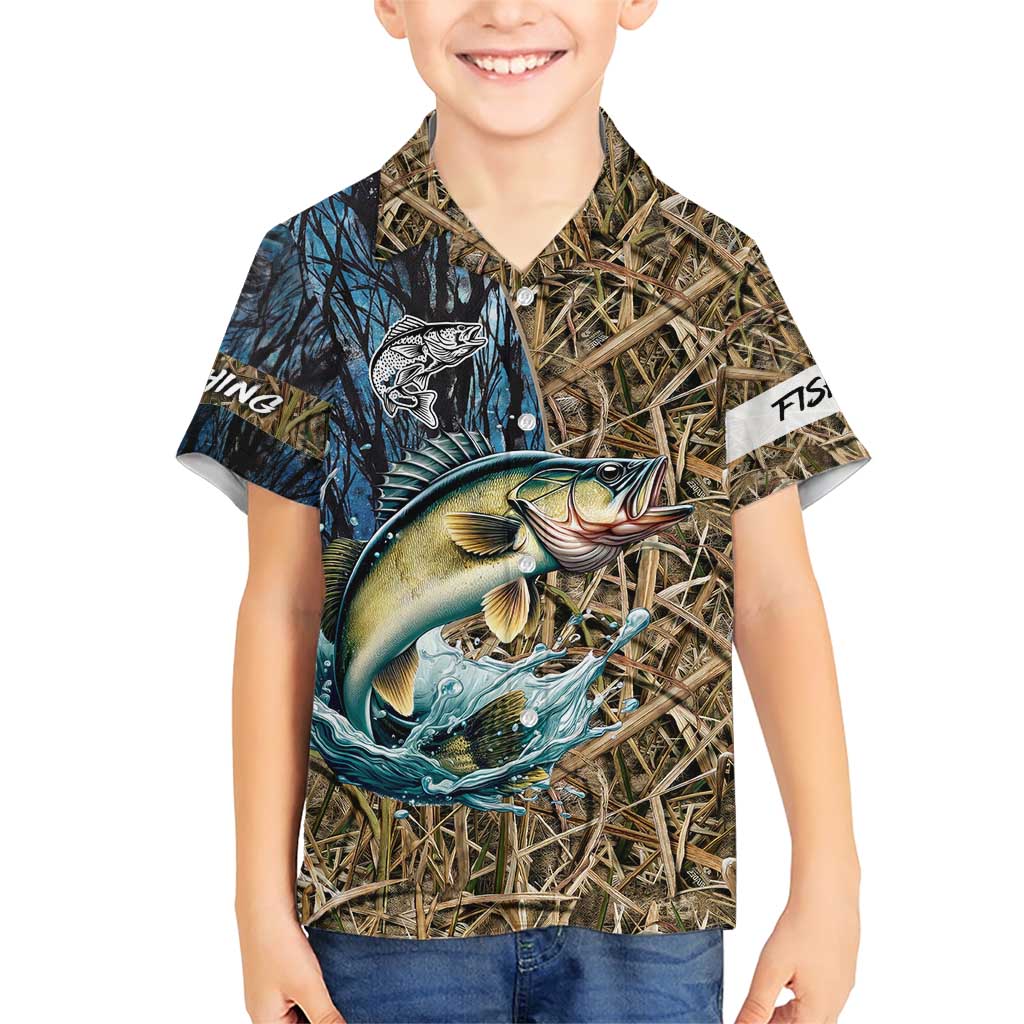 Personalized Walleye Splash Family Matching Short Sleeve Bodycon Dress and Hawaiian Shirt Camo Reeds and Night Forest Fishing Theme - Wonder Print Shop