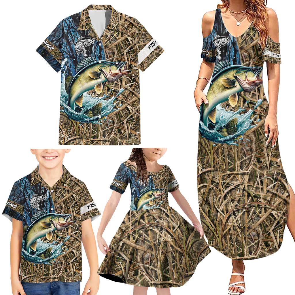 Personalized Walleye Splash Family Matching Summer Maxi Dress and Hawaiian Shirt Camo Reeds and Night Forest Fishing Theme - Wonder Print Shop