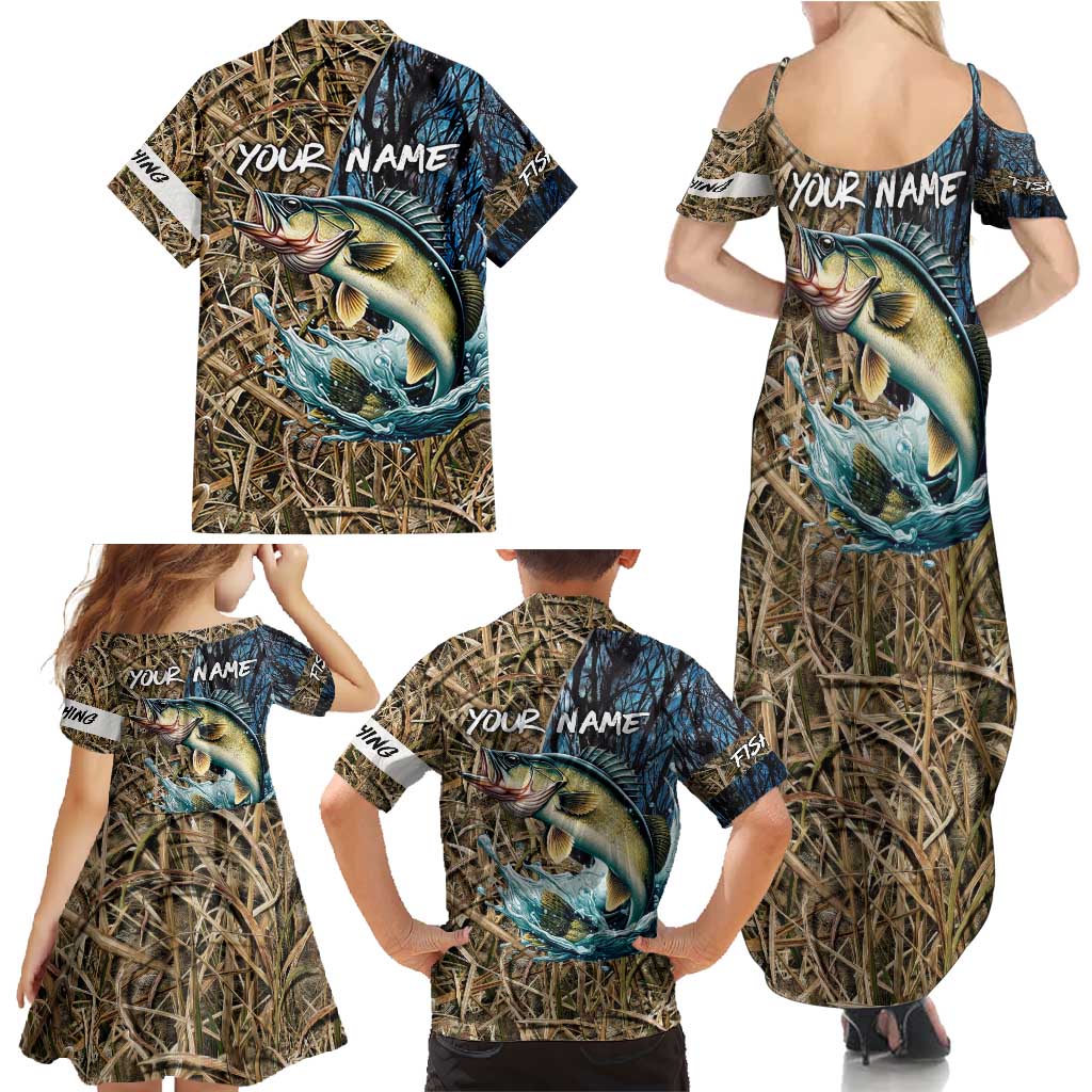 Personalized Walleye Splash Family Matching Summer Maxi Dress and Hawaiian Shirt Camo Reeds and Night Forest Fishing Theme - Wonder Print Shop