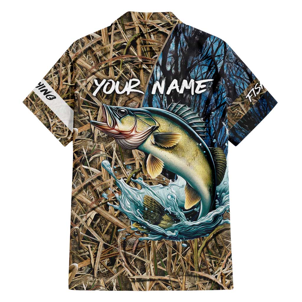 Personalized Walleye Splash Family Matching Summer Maxi Dress and Hawaiian Shirt Camo Reeds and Night Forest Fishing Theme - Wonder Print Shop