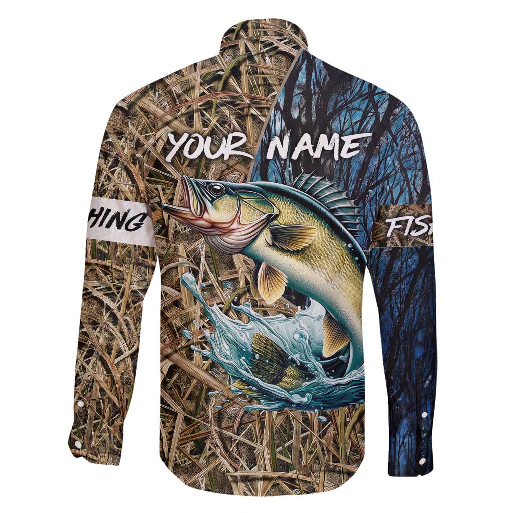 Personalized Walleye Splash Family Matching Summer Maxi Dress and Hawaiian Shirt Camo Reeds and Night Forest Fishing Theme - Wonder Print Shop