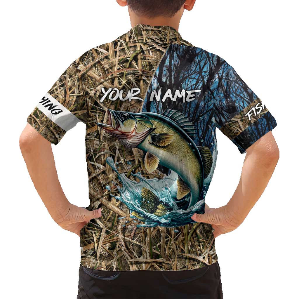 Personalized Walleye Splash Family Matching Tank Maxi Dress and Hawaiian Shirt Camo Reeds and Night Forest Fishing Theme - Wonder Print Shop