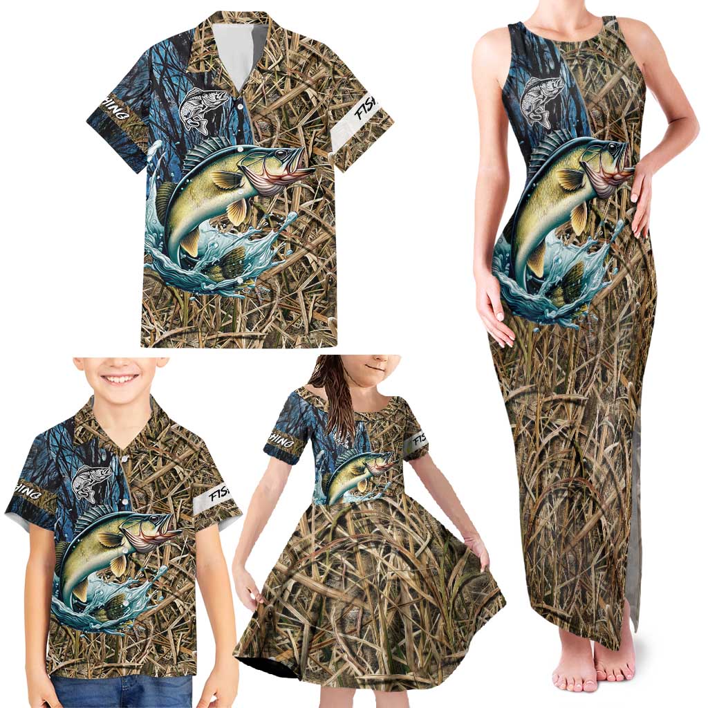 Personalized Walleye Splash Family Matching Tank Maxi Dress and Hawaiian Shirt Camo Reeds and Night Forest Fishing Theme - Wonder Print Shop
