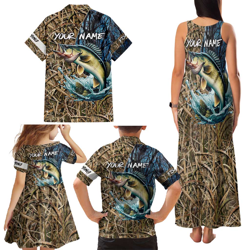 Personalized Walleye Splash Family Matching Tank Maxi Dress and Hawaiian Shirt Camo Reeds and Night Forest Fishing Theme - Wonder Print Shop