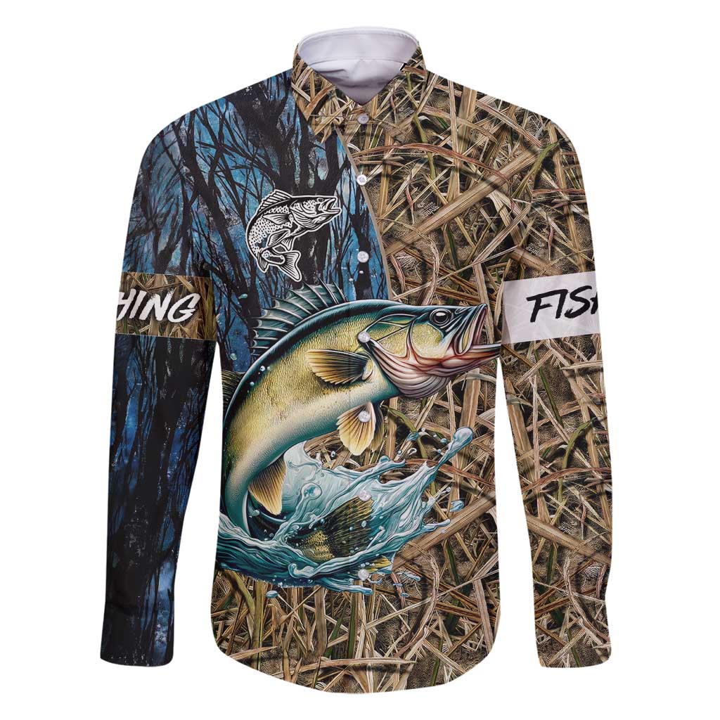 Personalized Walleye Splash Family Matching Tank Maxi Dress and Hawaiian Shirt Camo Reeds and Night Forest Fishing Theme - Wonder Print Shop