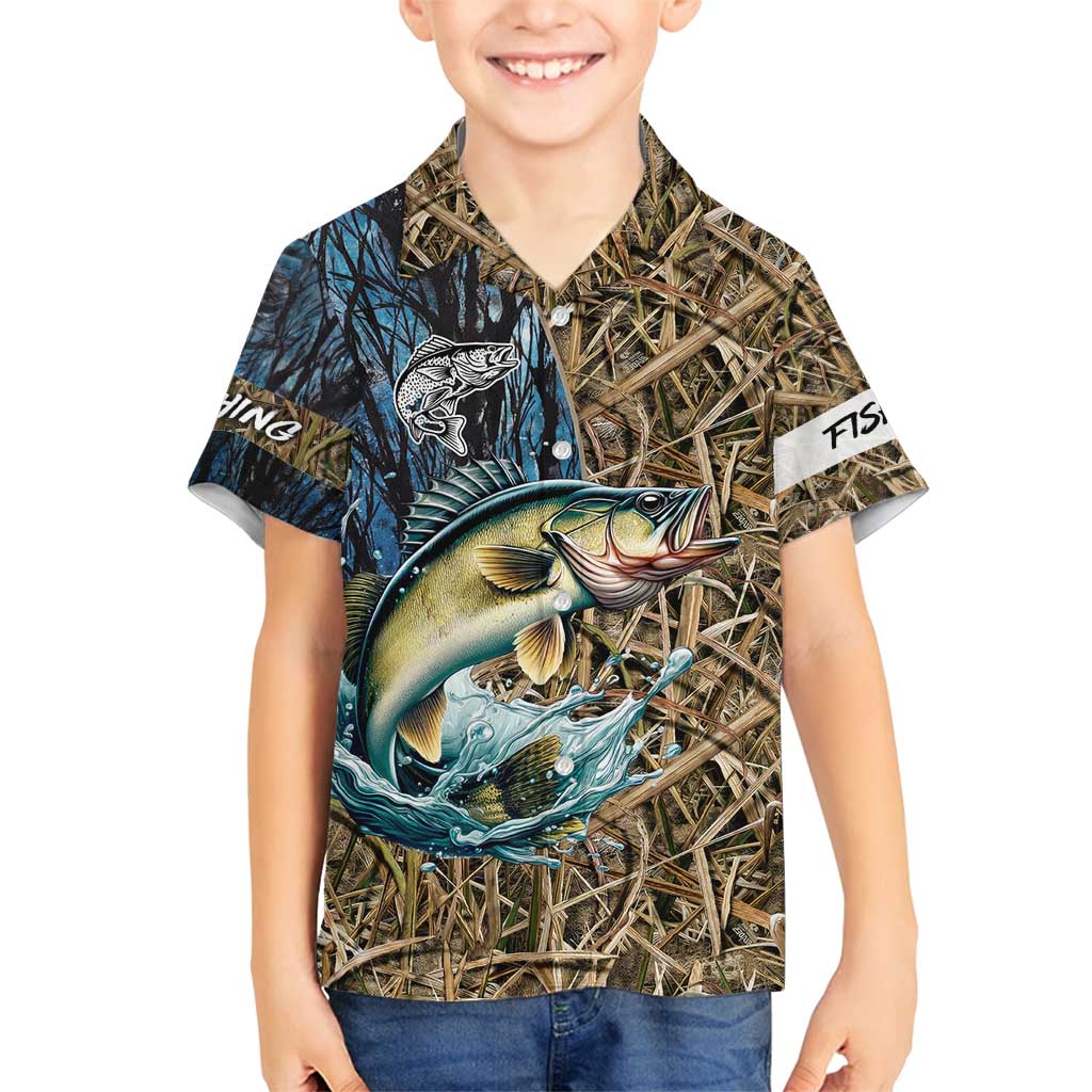 Personalized Walleye Splash Family Matching Tank Maxi Dress and Hawaiian Shirt Camo Reeds and Night Forest Fishing Theme - Wonder Print Shop