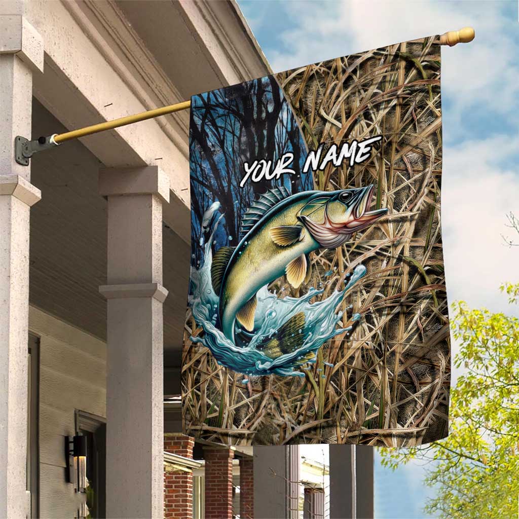 Personalized Walleye Splash Garden Flag Camo Reeds and Night Forest Fishing Theme - Wonder Print Shop