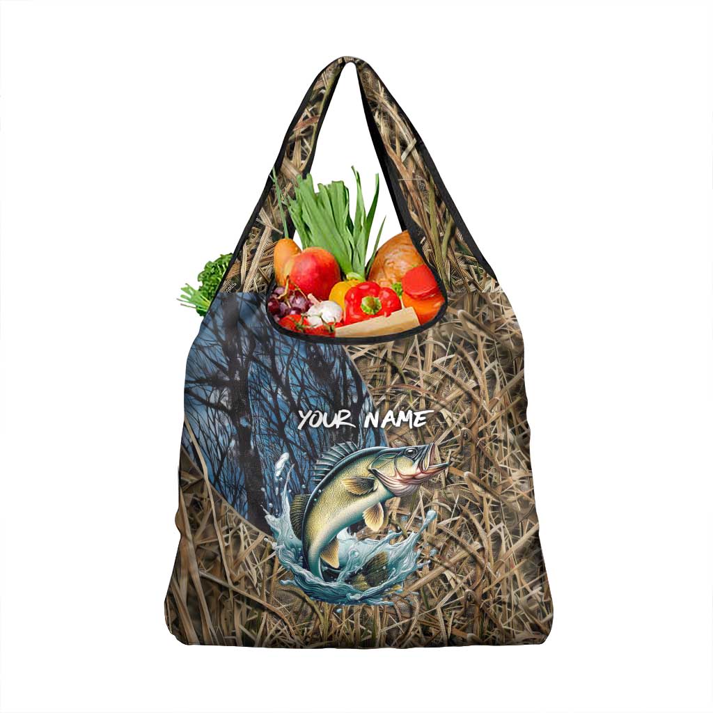 Personalized Walleye Splash Grocery Bag Camo Reeds and Night Forest Fishing Theme TS04
