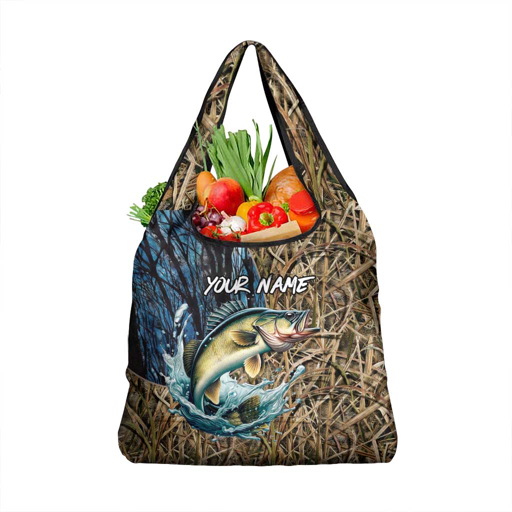 Personalized Walleye Splash Grocery Bag Camo Reeds and Night Forest Fishing Theme - Wonder Print Shop