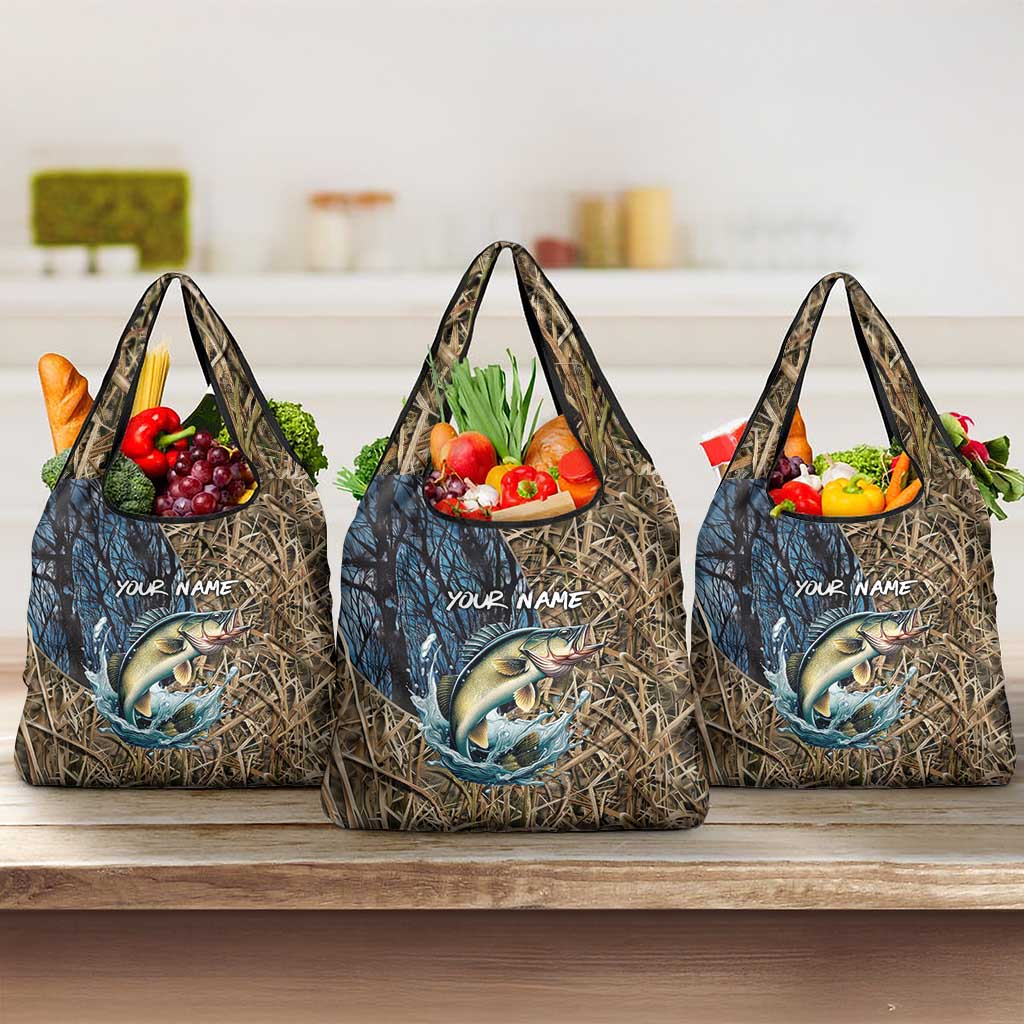 Personalized Walleye Splash Grocery Bag Camo Reeds and Night Forest Fishing Theme TS04