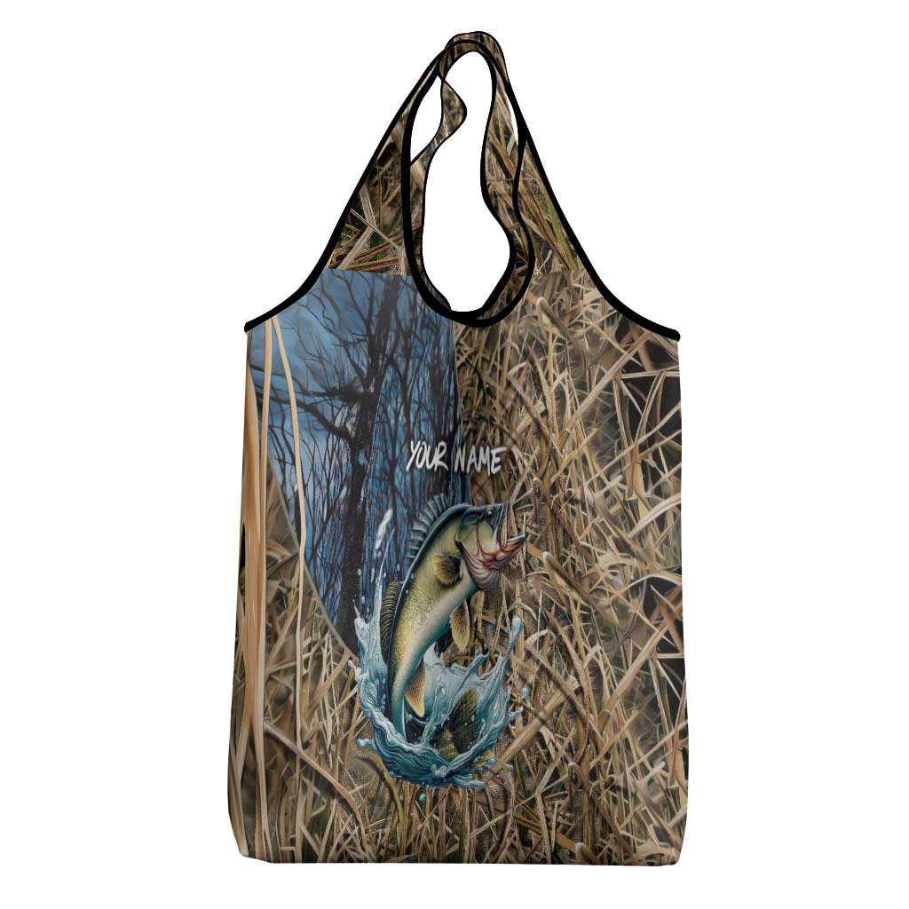 Personalized Walleye Splash Grocery Bag Camo Reeds and Night Forest Fishing Theme TS04