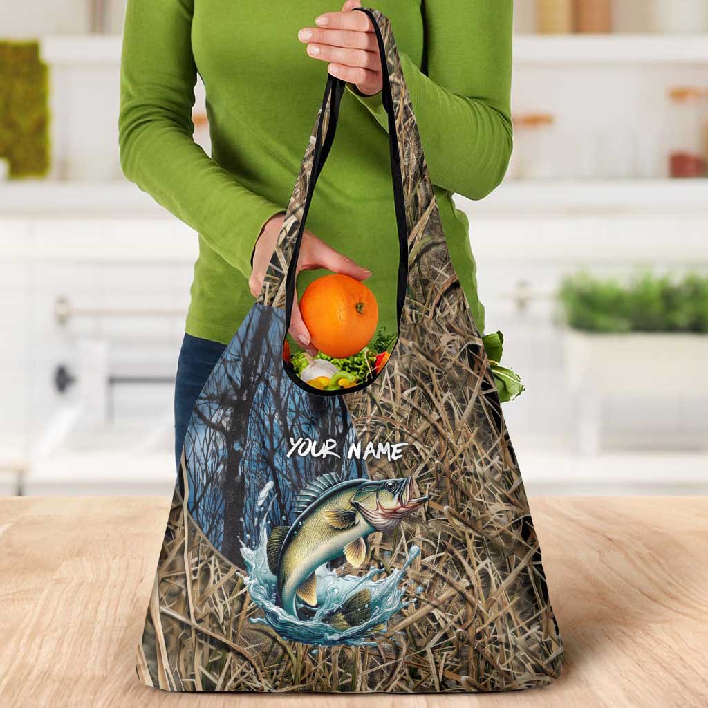 Personalized Walleye Splash Grocery Bag Camo Reeds and Night Forest Fishing Theme TS04