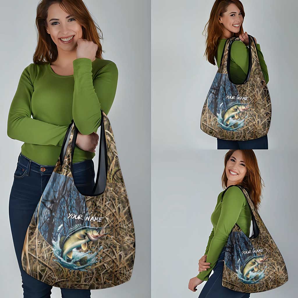 Personalized Walleye Splash Grocery Bag Camo Reeds and Night Forest Fishing Theme TS04