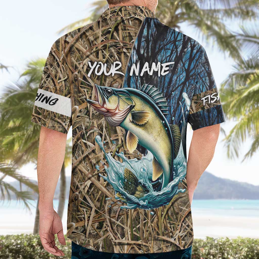 Personalized Walleye Splash Hawaiian Shirt Camo Reeds and Night Forest Fishing Theme - Wonder Print Shop