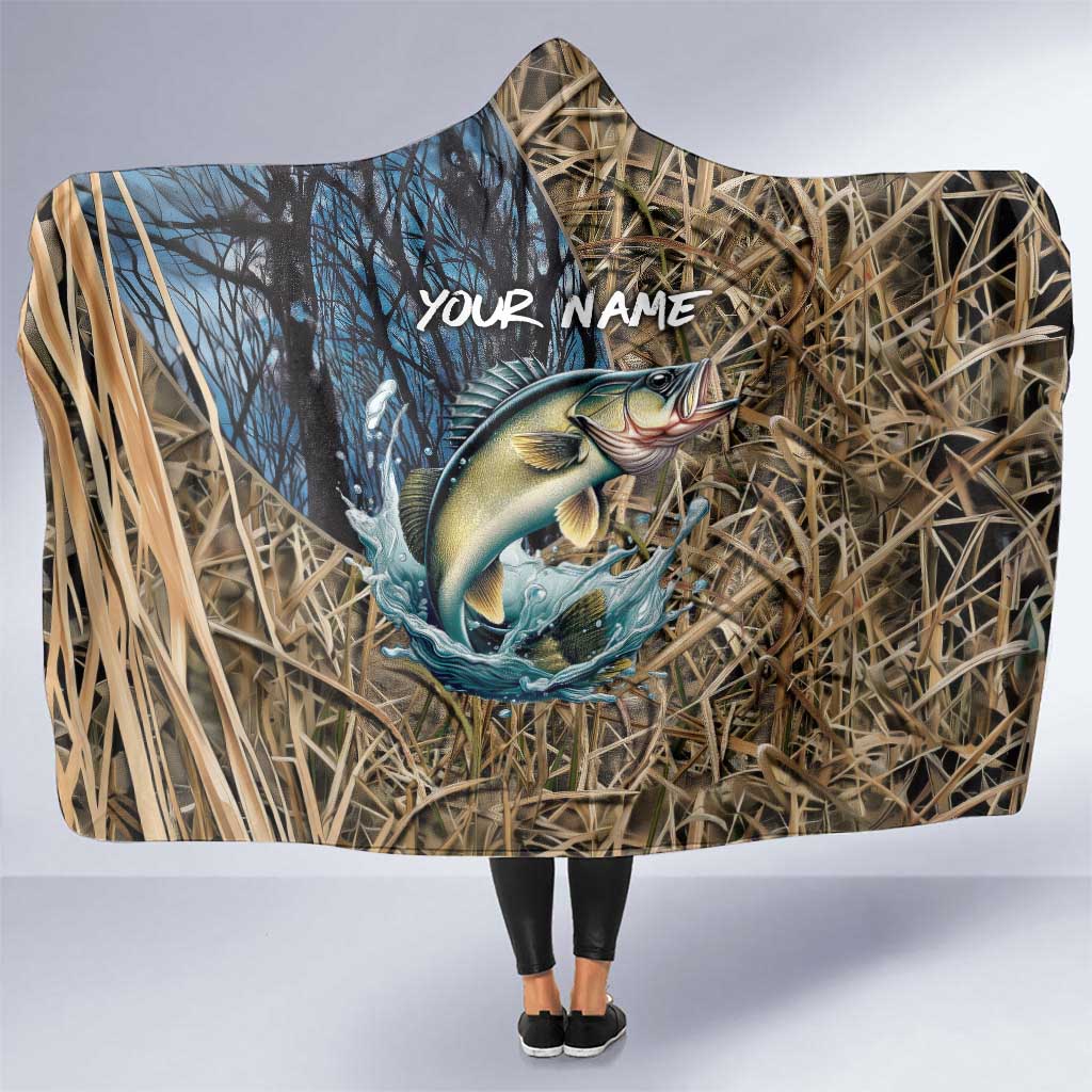Personalized Walleye Splash Hooded Blanket Camo Reeds and Night Forest Fishing Theme TS04