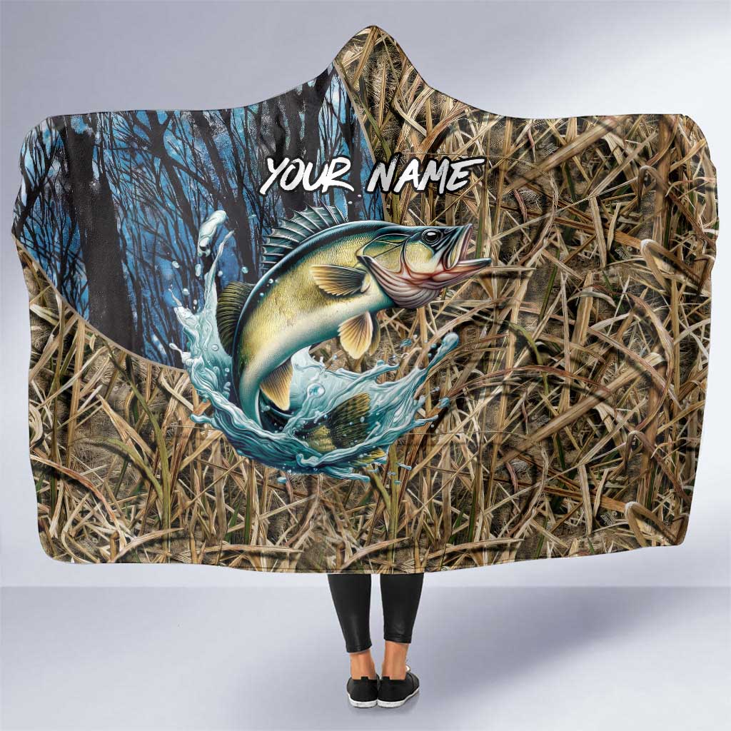 Personalized Walleye Splash Hooded Blanket Camo Reeds and Night Forest Fishing Theme - Wonder Print Shop
