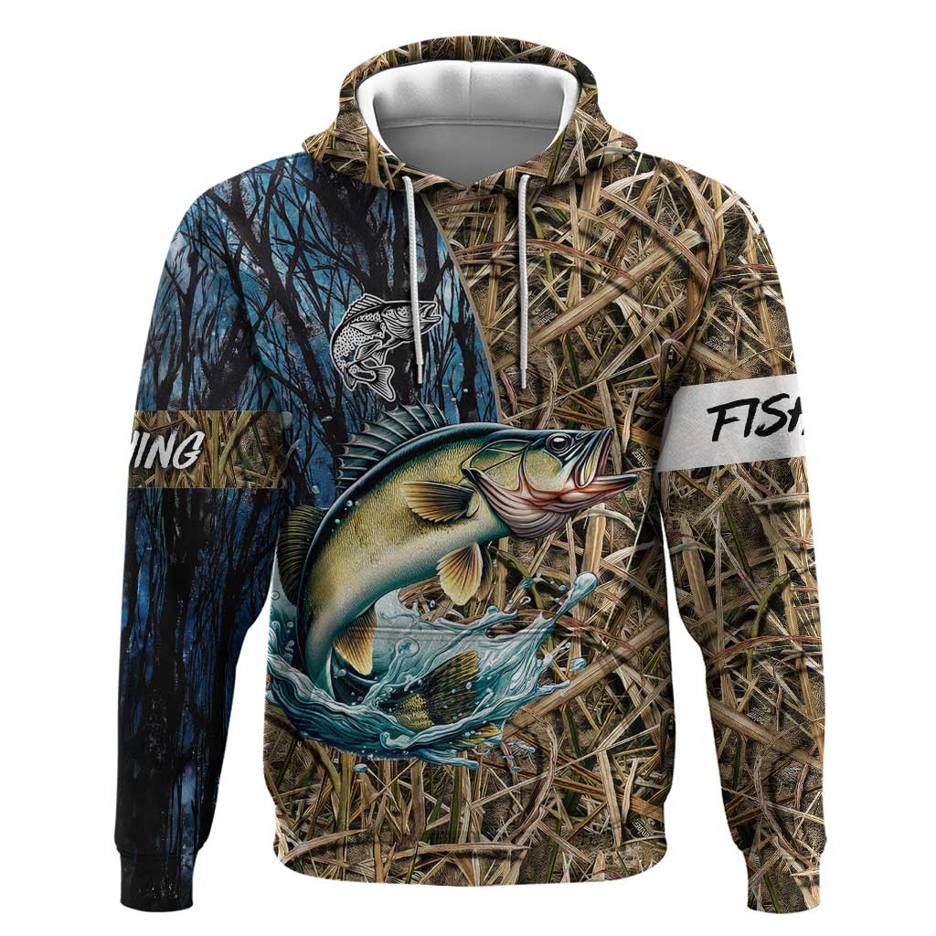 Personalized Walleye Splash Hoodie Camo Reeds and Night Forest Fishing Theme - Wonder Print Shop