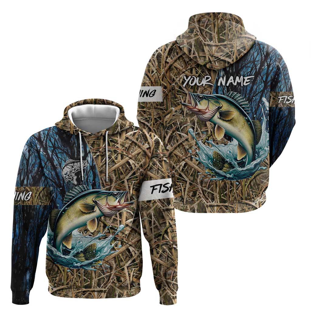 Personalized Walleye Splash Hoodie Camo Reeds and Night Forest Fishing Theme - Wonder Print Shop