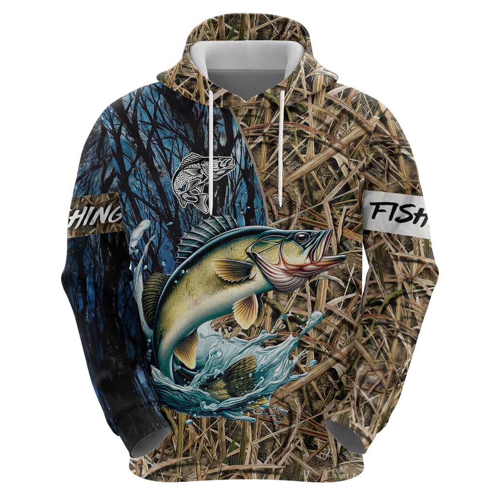 Personalized Walleye Splash Hoodie Camo Reeds and Night Forest Fishing Theme - Wonder Print Shop