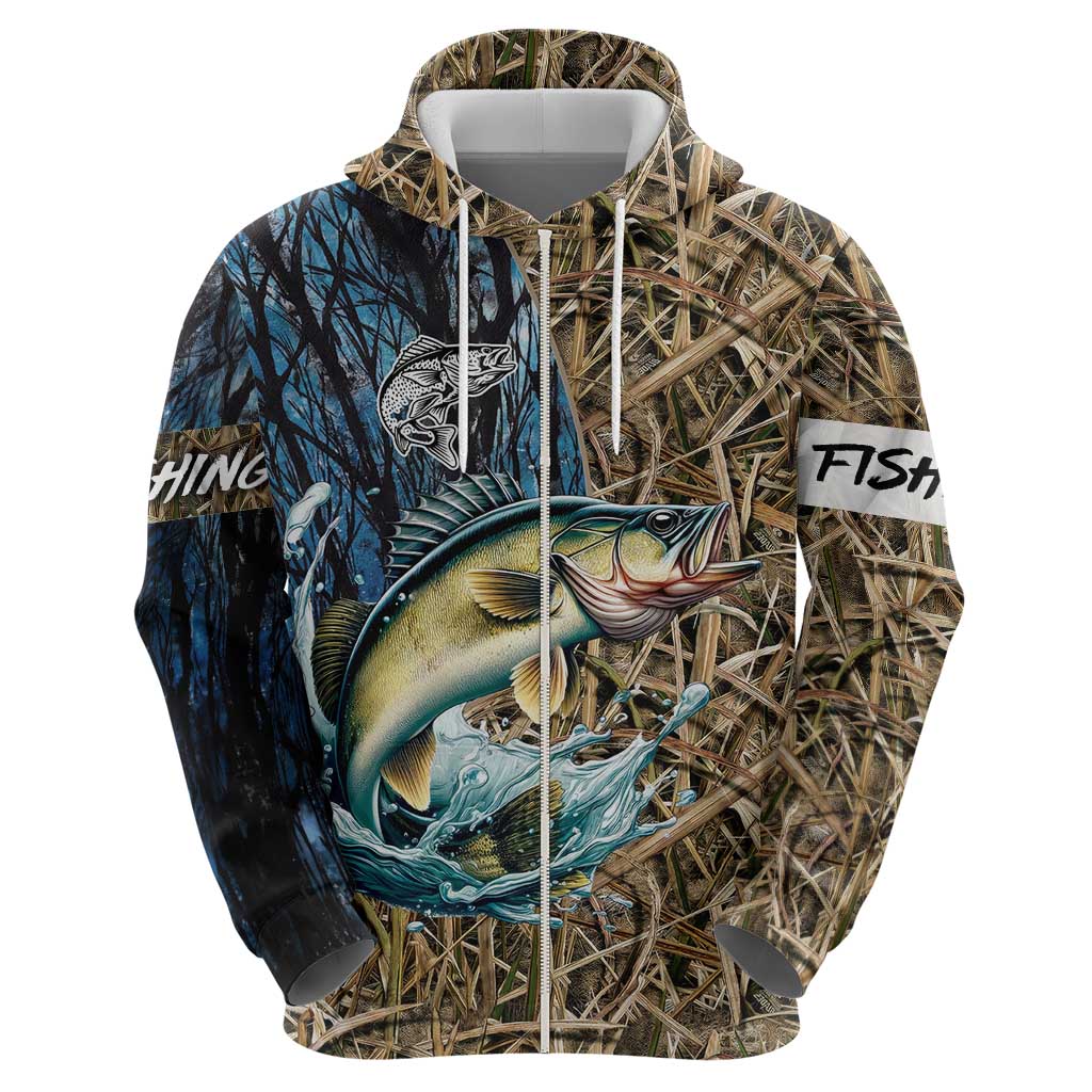 Personalized Walleye Splash Hoodie Camo Reeds and Night Forest Fishing Theme - Wonder Print Shop