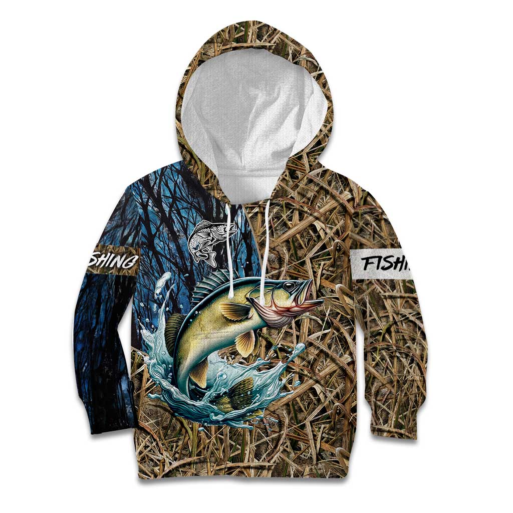 Personalized Walleye Splash Kid Hoodie Camo Reeds and Night Forest Fishing Theme - Wonder Print Shop