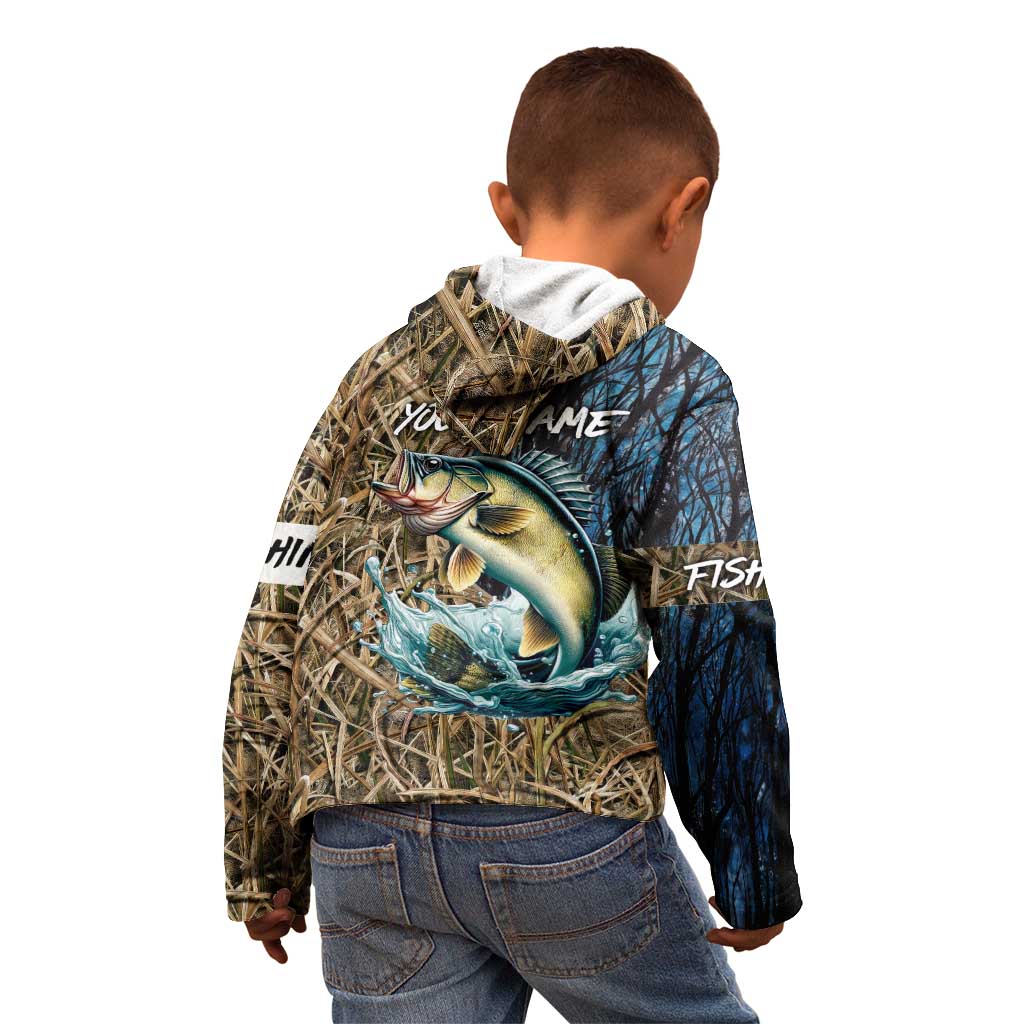 Personalized Walleye Splash Kid Hoodie Camo Reeds and Night Forest Fishing Theme - Wonder Print Shop