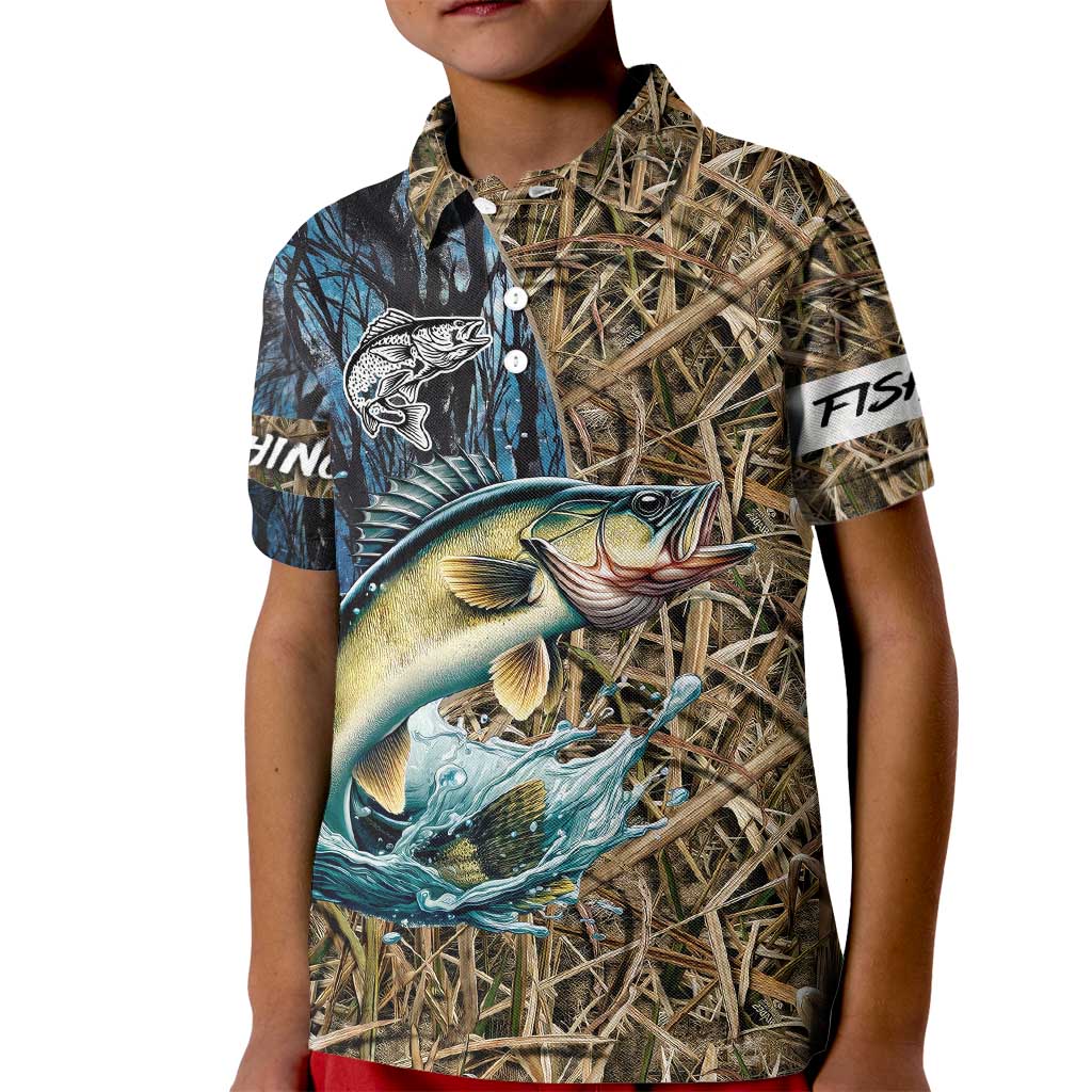 Personalized Walleye Splash Kid Polo Shirt Camo Reeds and Night Forest Fishing Theme - Wonder Print Shop
