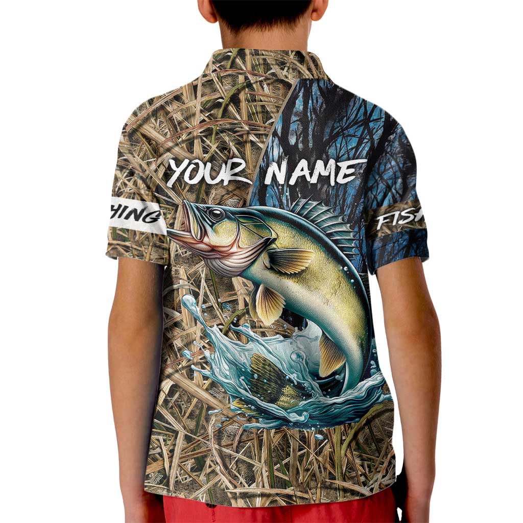Personalized Walleye Splash Kid Polo Shirt Camo Reeds and Night Forest Fishing Theme - Wonder Print Shop