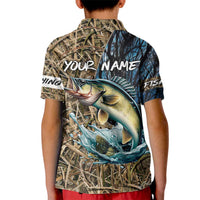 Personalized Walleye Splash Kid Polo Shirt Camo Reeds and Night Forest Fishing Theme - Wonder Print Shop