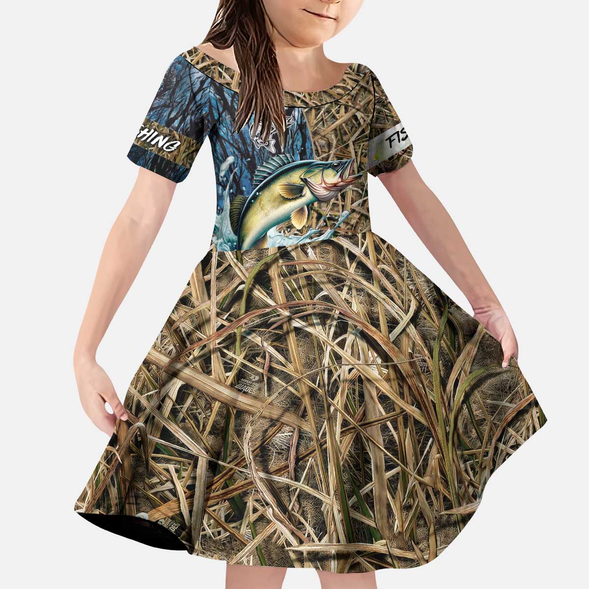 Personalized Walleye Splash Kid Short Sleeve Dress Camo Reeds and Night Forest Fishing Theme - Wonder Print Shop