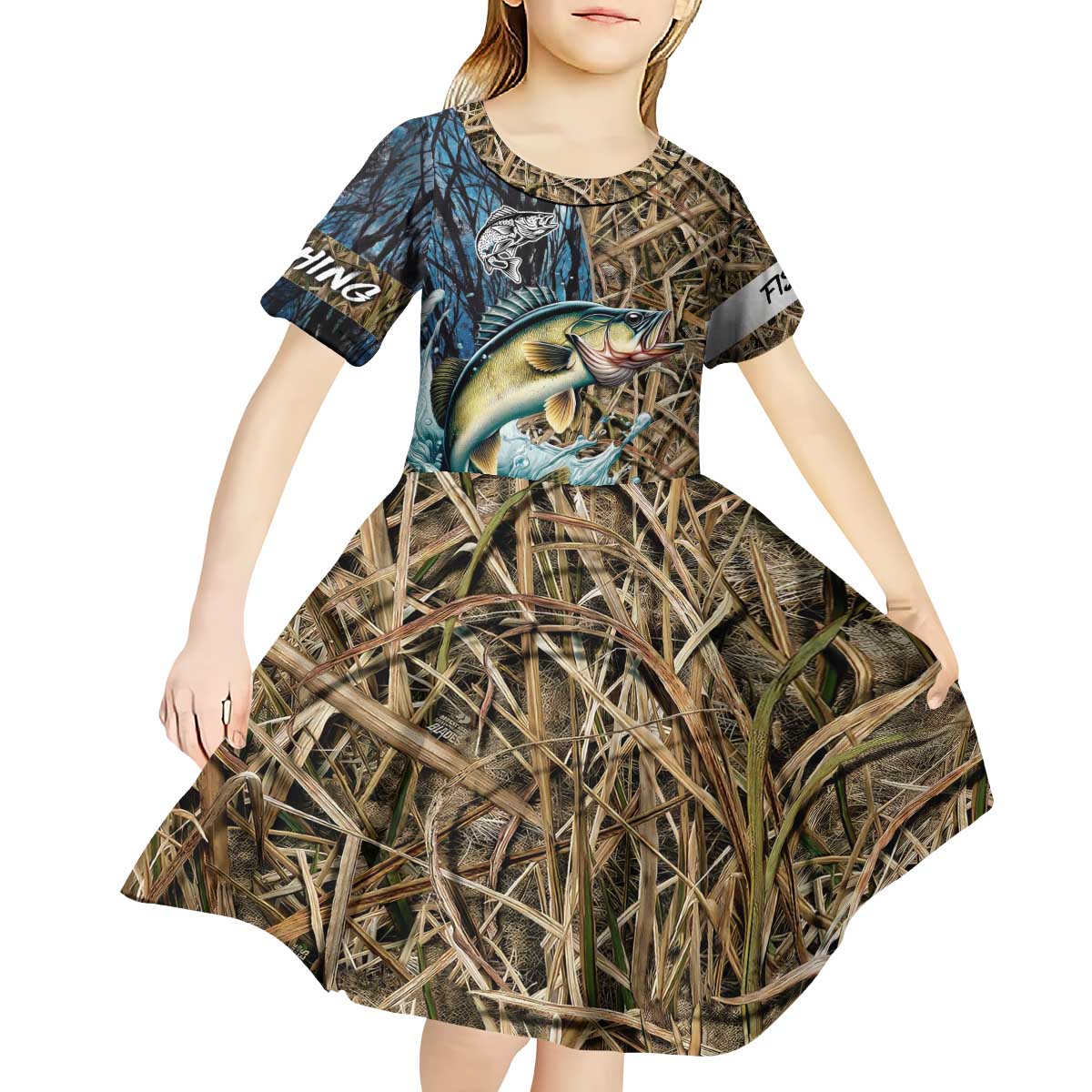 Personalized Walleye Splash Kid Short Sleeve Dress Camo Reeds and Night Forest Fishing Theme - Wonder Print Shop