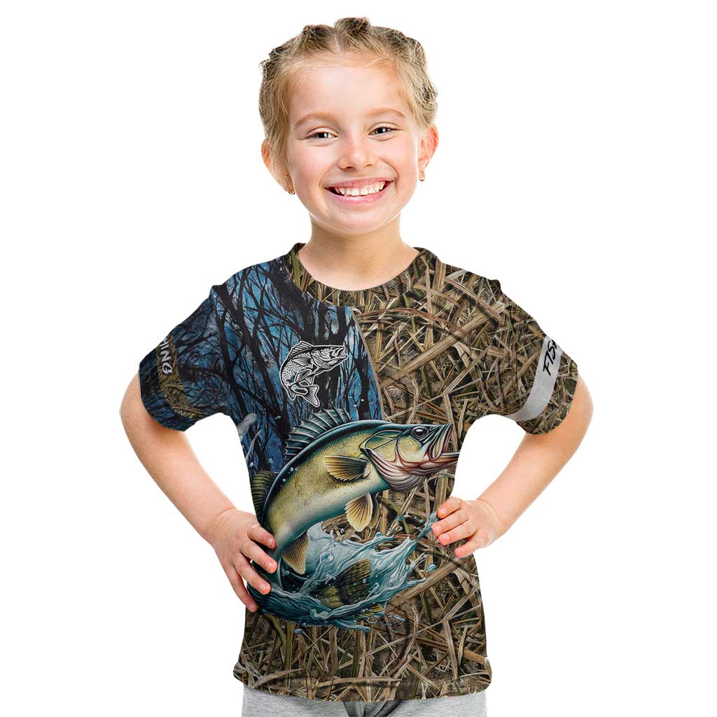 Personalized Walleye Splash Kid T Shirt Camo Reeds and Night Forest Fishing Theme - Wonder Print Shop