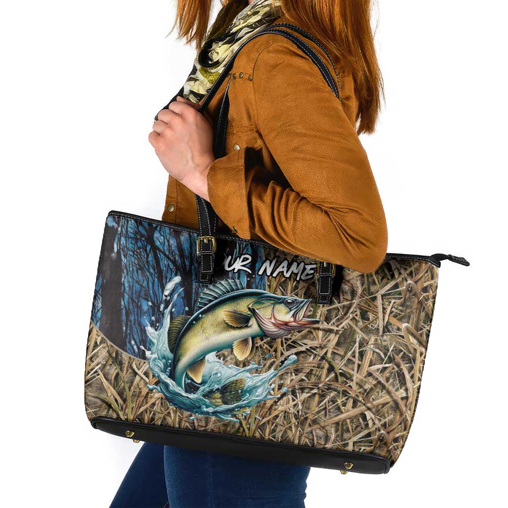 Personalized Walleye Splash Leather Tote Bag Camo Reeds and Night Forest Fishing Theme - Wonder Print Shop