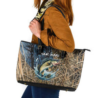 Personalized Walleye Splash Leather Tote Bag Camo Reeds and Night Forest Fishing Theme TS04