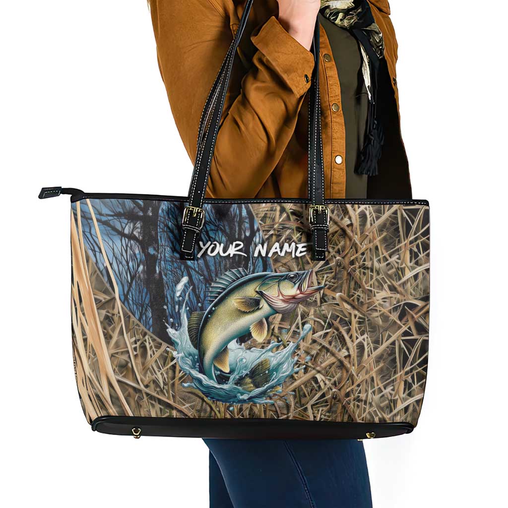 Personalized Walleye Splash Leather Tote Bag Camo Reeds and Night Forest Fishing Theme TS04